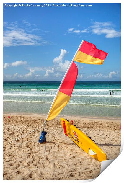 Lifeguards Flag and Surfboard Print by Paula Connelly