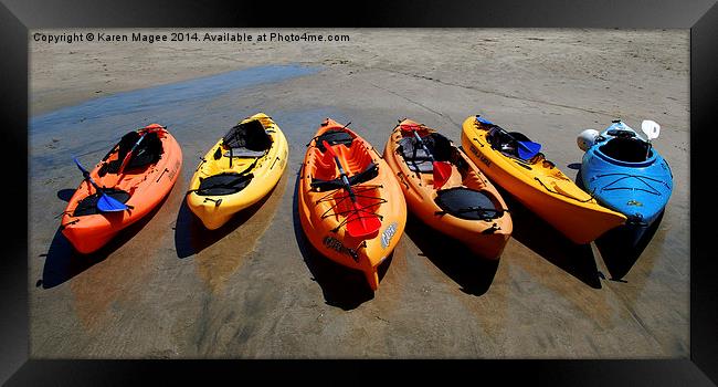 Beached Sea Kayaks Framed Print by Karen Magee