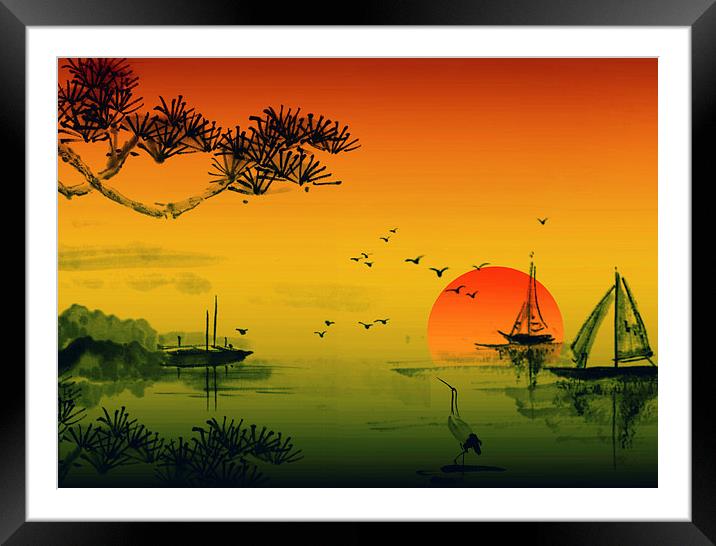 Fishing Boats At Sunset Framed Mounted Print by Anthony Michael 