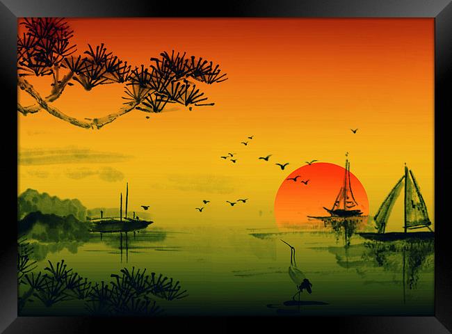 Fishing Boats At Sunset Framed Print by Anthony Michael 