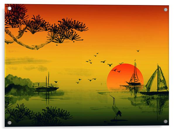 Fishing Boats At Sunset Acrylic by Anthony Michael 