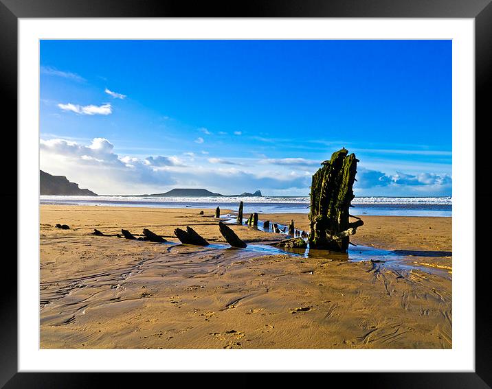 Helvetica Wreck, Rhossili Bay Framed Mounted Print by Hazel Powell