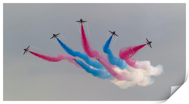 Red Arrows and coloured smoke Print by Kenneth Dear