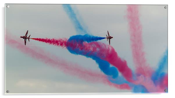 Two Red arrows crossing with smoke on Acrylic by Kenneth Dear