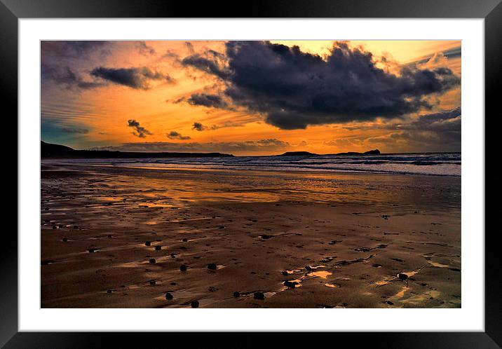 Sunset over Rhossili Bay, Gower Framed Mounted Print by Hazel Powell