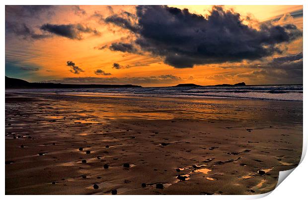 Sunset over Rhossili Bay, Gower Print by Hazel Powell