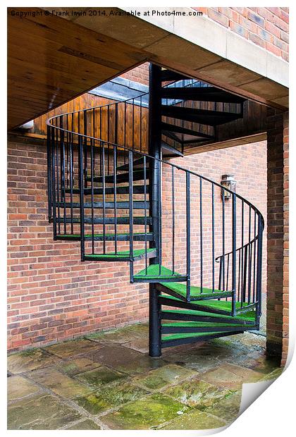 A spiral staircase used as a fire escape. Print by Frank Irwin