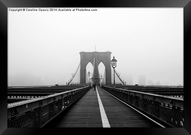 Foggy Brooklyn Bridge Framed Print by Caroline Opacic