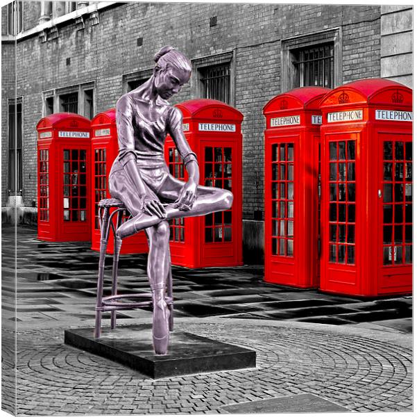 Red phone boxes & ballet statue Canvas Print by Kenneth Dear