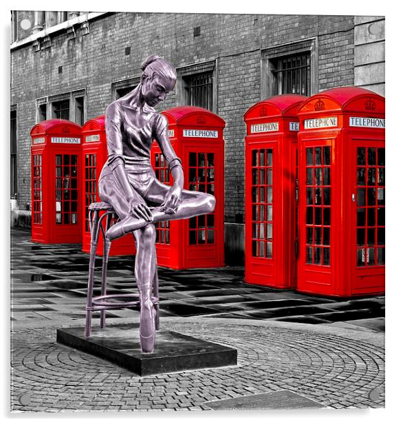 Red phone boxes & ballet statue Acrylic by Kenneth Dear