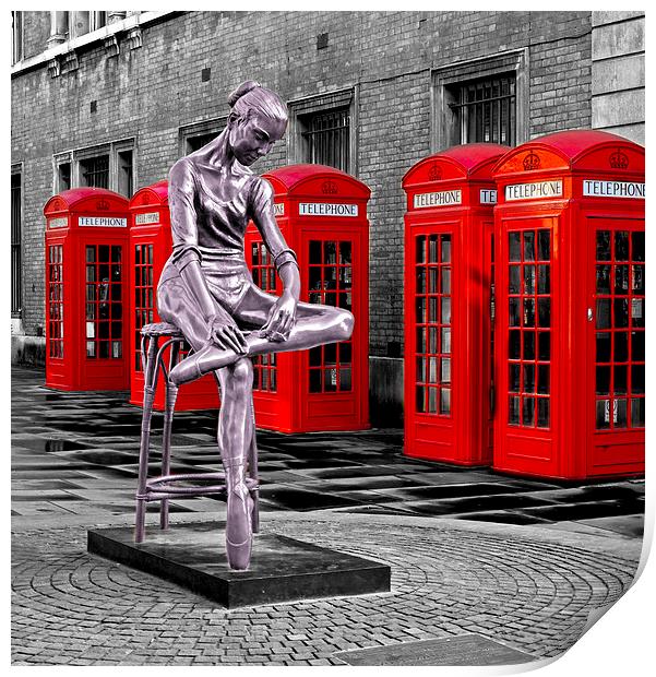Red phone boxes & ballet statue Print by Kenneth Dear
