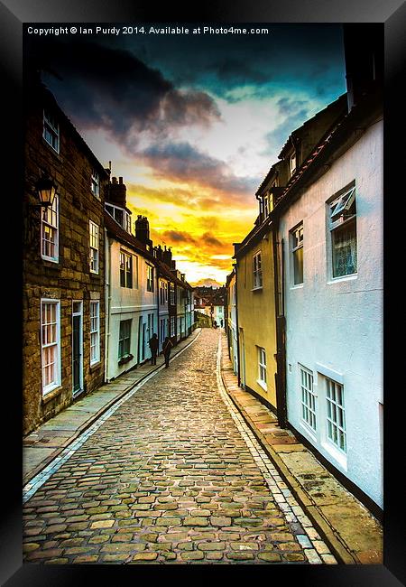 Whitby cobbled street Framed Print by Ian Purdy