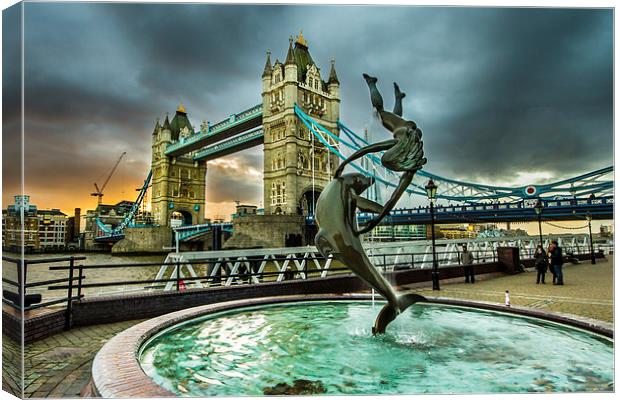 Mermaid statue and Tower Bridge Canvas Print by Oxon Images