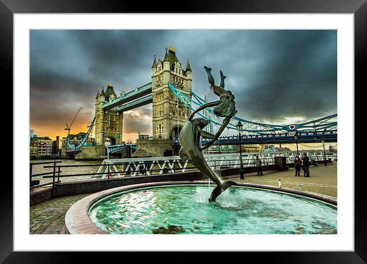 Mermaid statue and Tower Bridge Framed Mounted Print by Oxon Images
