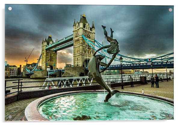 Mermaid statue and Tower Bridge Acrylic by Oxon Images