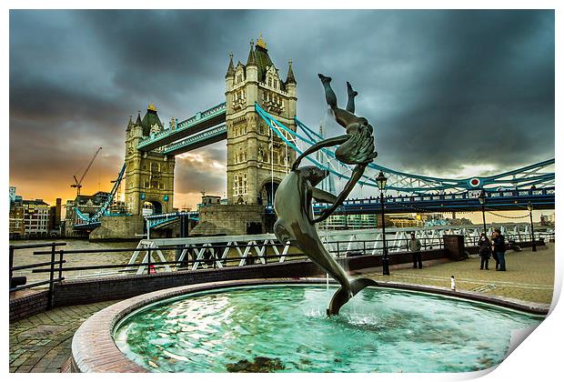 Mermaid statue and Tower Bridge Print by Oxon Images
