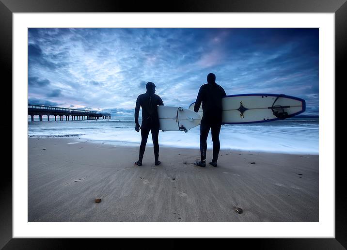 Surfers at Dawn Boscombe Pier Framed Mounted Print by Jennie Franklin