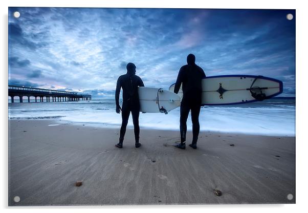 Surfers at Dawn Boscombe Pier Acrylic by Jennie Franklin