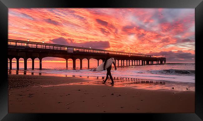 Surfer at Sunrise Bournemouth Beach Framed Print by Jennie Franklin