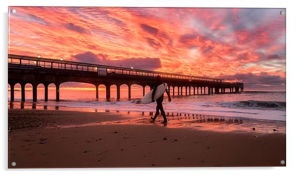 Surfer at Sunrise Bournemouth Beach Acrylic by Jennie Franklin