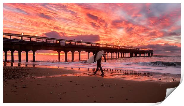 Surfer at Sunrise Bournemouth Beach Print by Jennie Franklin