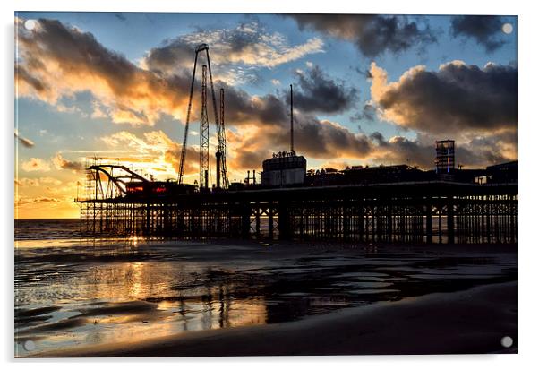 Sunset at South Pier Blackpool Acrylic by Gary Kenyon