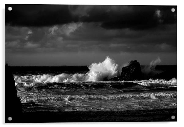 Crashing Waves at Trevone Bay in Black and White Acrylic by Samantha Higgs