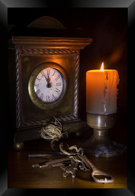 Clock, Candle and Old Keys Framed Print by Ann Garrett