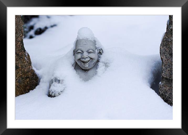 Happy Buddha in Snow Framed Mounted Print by Steven Ralser