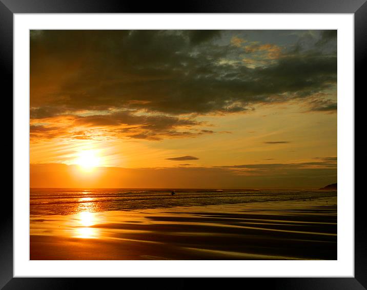 Llangennith Surfer in the Sunset Framed Mounted Print by Adam Morgan