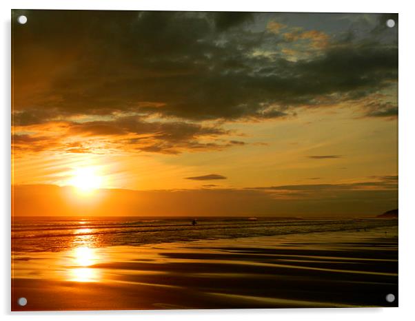 Llangennith Surfer in the Sunset Acrylic by Adam Morgan