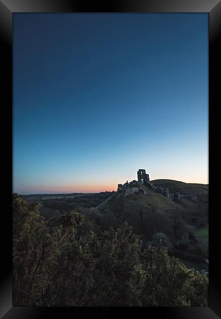 Corfe Castle cloudless sunrise Framed Print by Kevin Browne