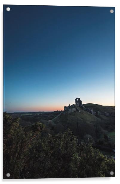 Corfe Castle cloudless sunrise Acrylic by Kevin Browne