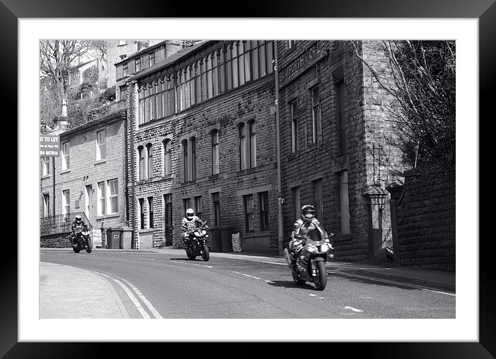 bikers in Holmfirth Framed Mounted Print by JEAN FITZHUGH