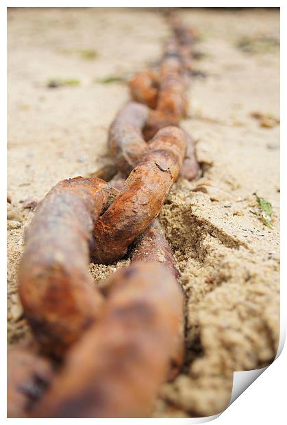 Rusty ship chain in sand Print by Eric Fouwels