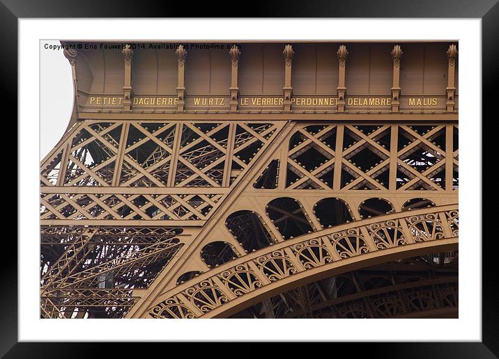 Close-up of 7 names on the Eiffel Tower Framed Mounted Print by Eric Fouwels