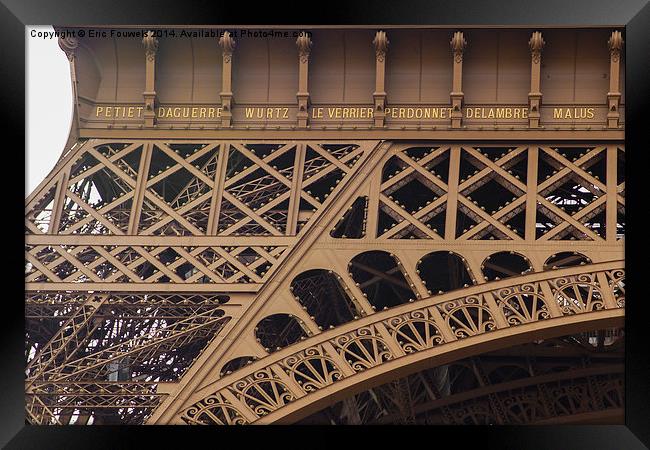 Close-up of 7 names on the Eiffel Tower Framed Print by Eric Fouwels