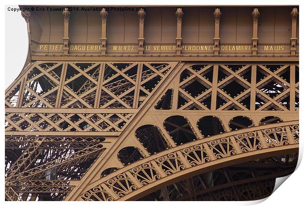 Close-up of 7 names on the Eiffel Tower Print by Eric Fouwels