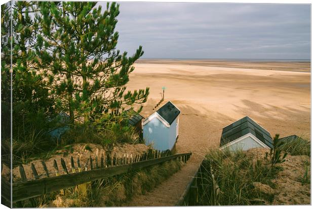 Beach huts, steps and sunlit view out to sea. Canvas Print by Liam Grant