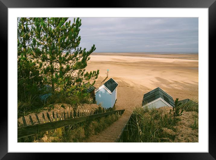 Beach huts, steps and sunlit view out to sea. Framed Mounted Print by Liam Grant