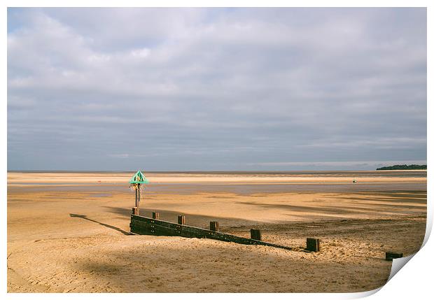 Green groyne marker and sunlit beach under a heavy Print by Liam Grant