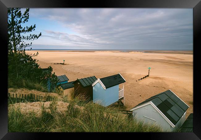 Beach huts and sunlit view out to sea. Framed Print by Liam Grant