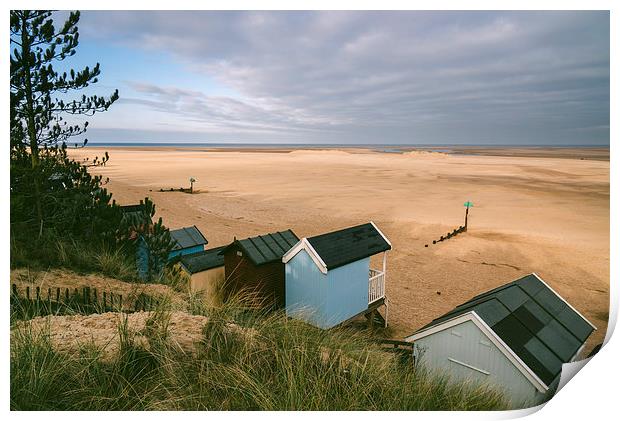 Beach huts and sunlit view out to sea. Print by Liam Grant