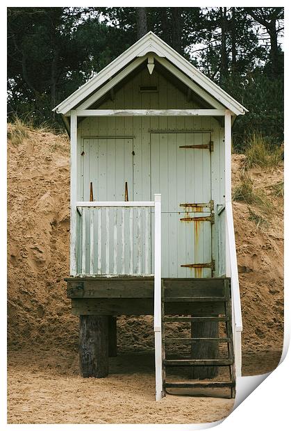 Beach hut beside coastal woodland. Print by Liam Grant