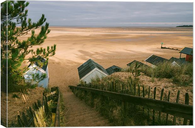 Beach huts, steps and sunlit view out to sea. Canvas Print by Liam Grant