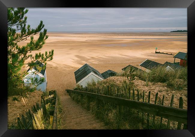 Beach huts, steps and sunlit view out to sea. Framed Print by Liam Grant