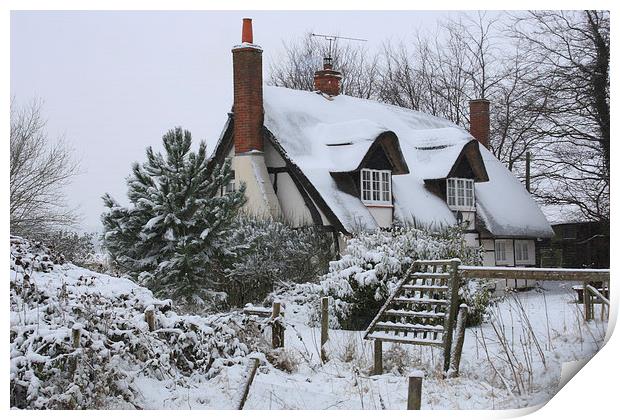The Cottage in the Snow Print by Ceri Jones