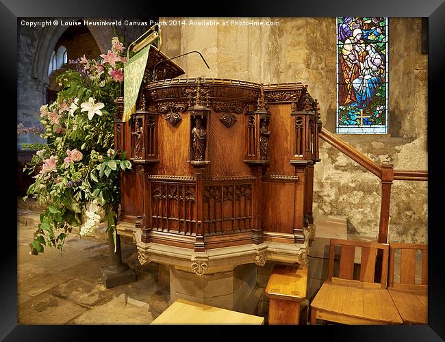Elaborate wood carvings on the pulpit in St Andrew Framed Print by Louise Heusinkveld