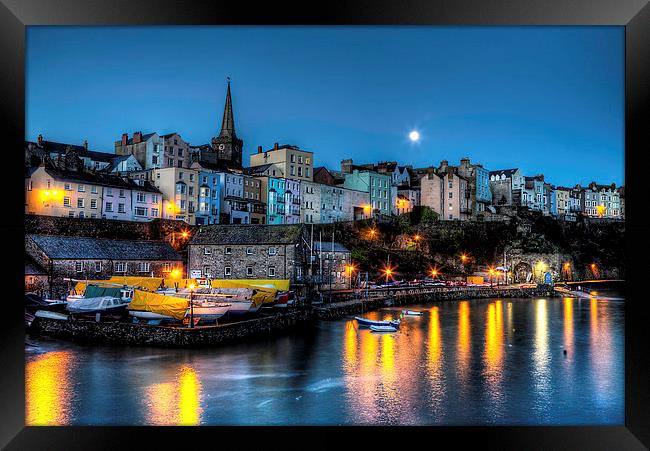 Tenby Harbour Moonlit Framed Print by Simon West