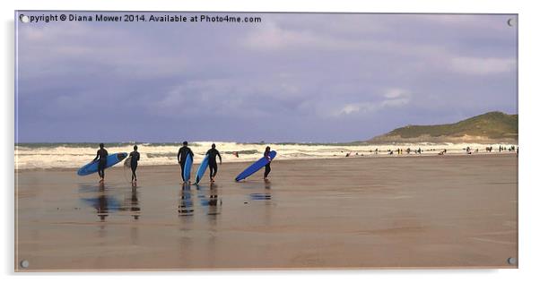 Surfers at  Woolacombe beach, Devon Acrylic by Diana Mower